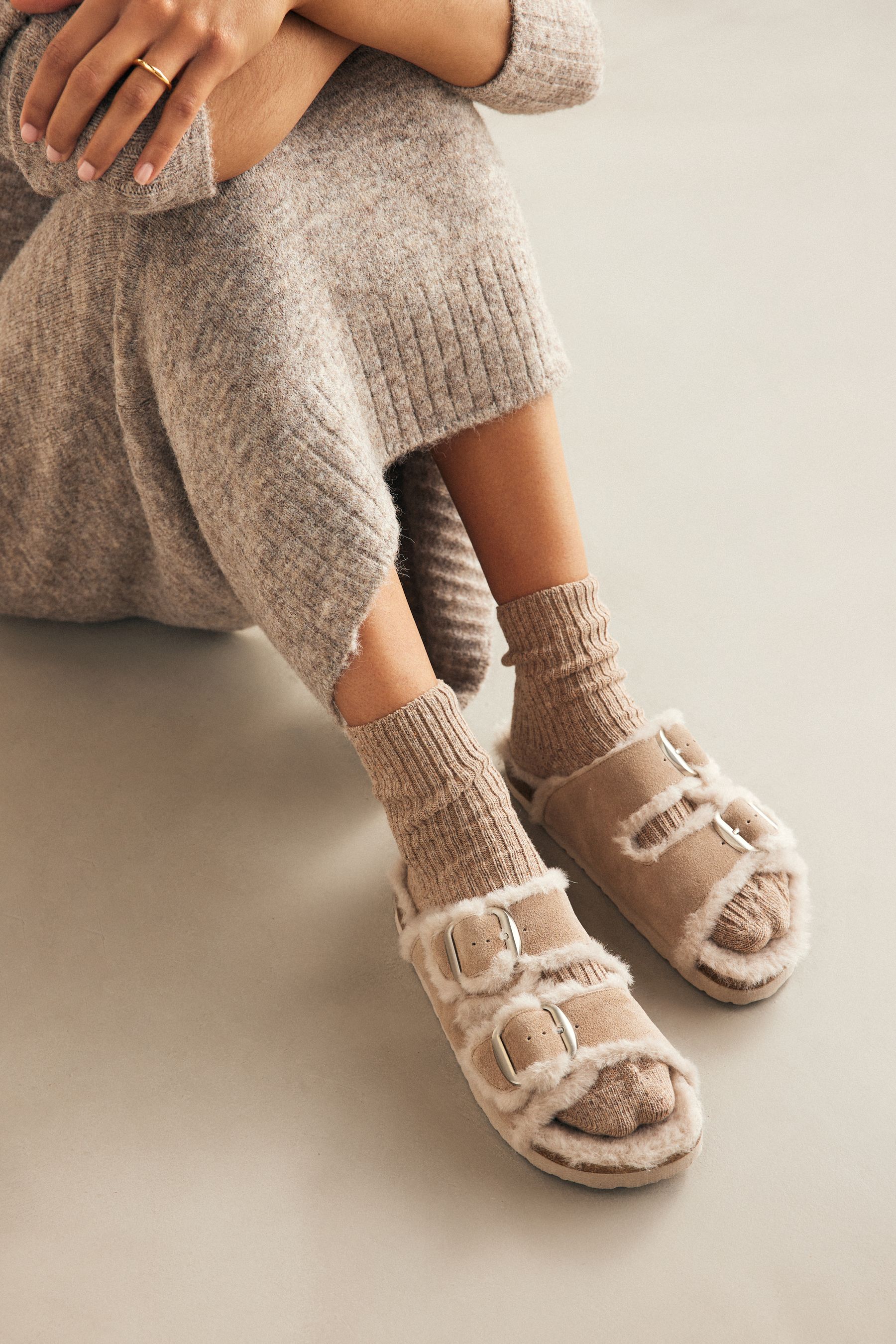 Neutral Forever Comfort Faux Fur Double Strap Footbed Sandals