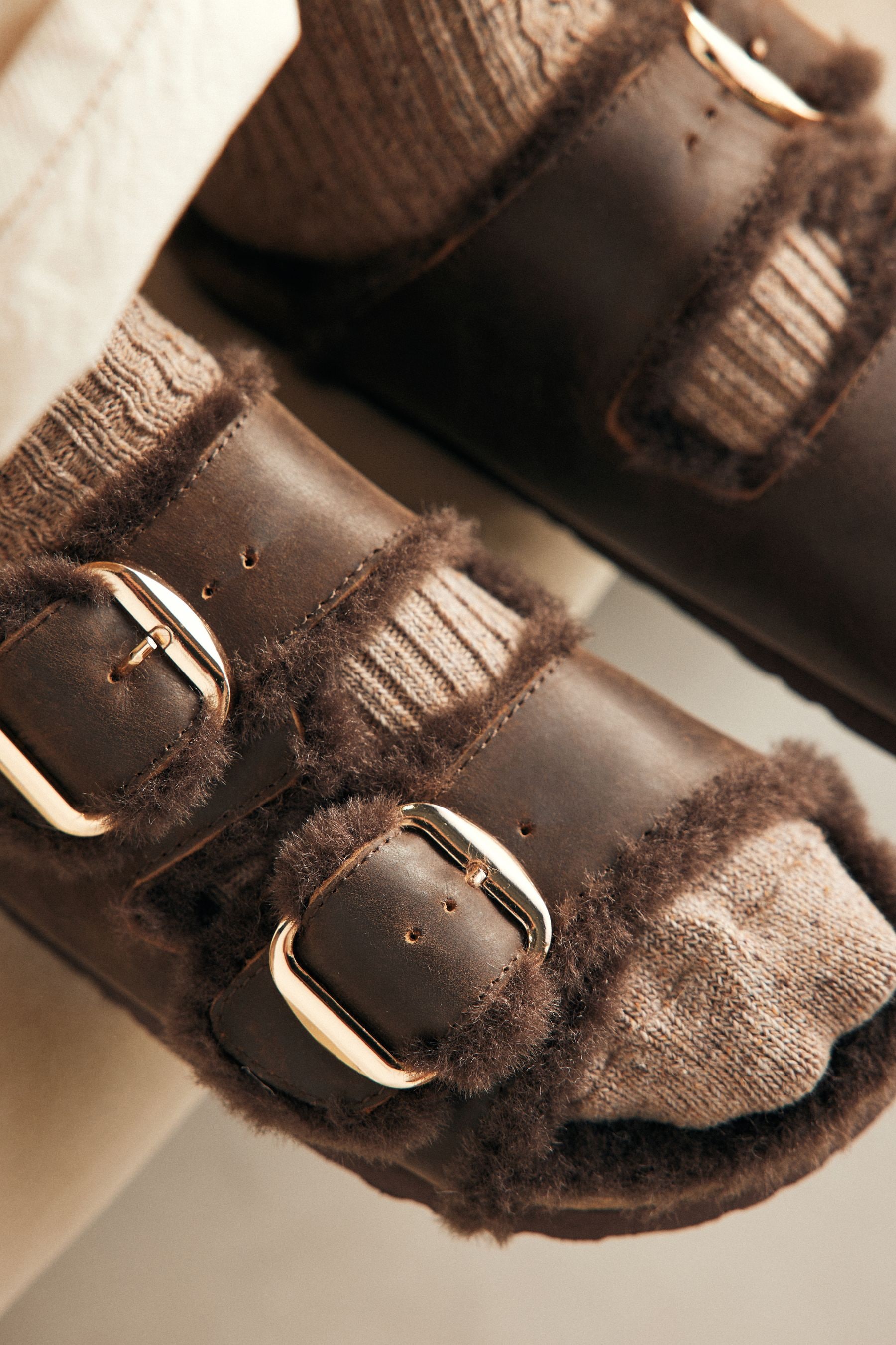 Buy Chocolate Brown Forever Comfort Faux Fur Double Strap Footbed Sandals from Next Canada
