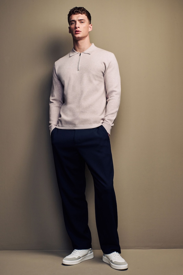 Neutral Zip Neck Regular Fit Knitted Long Sleeve Polo Shirt - Image 2 of 7