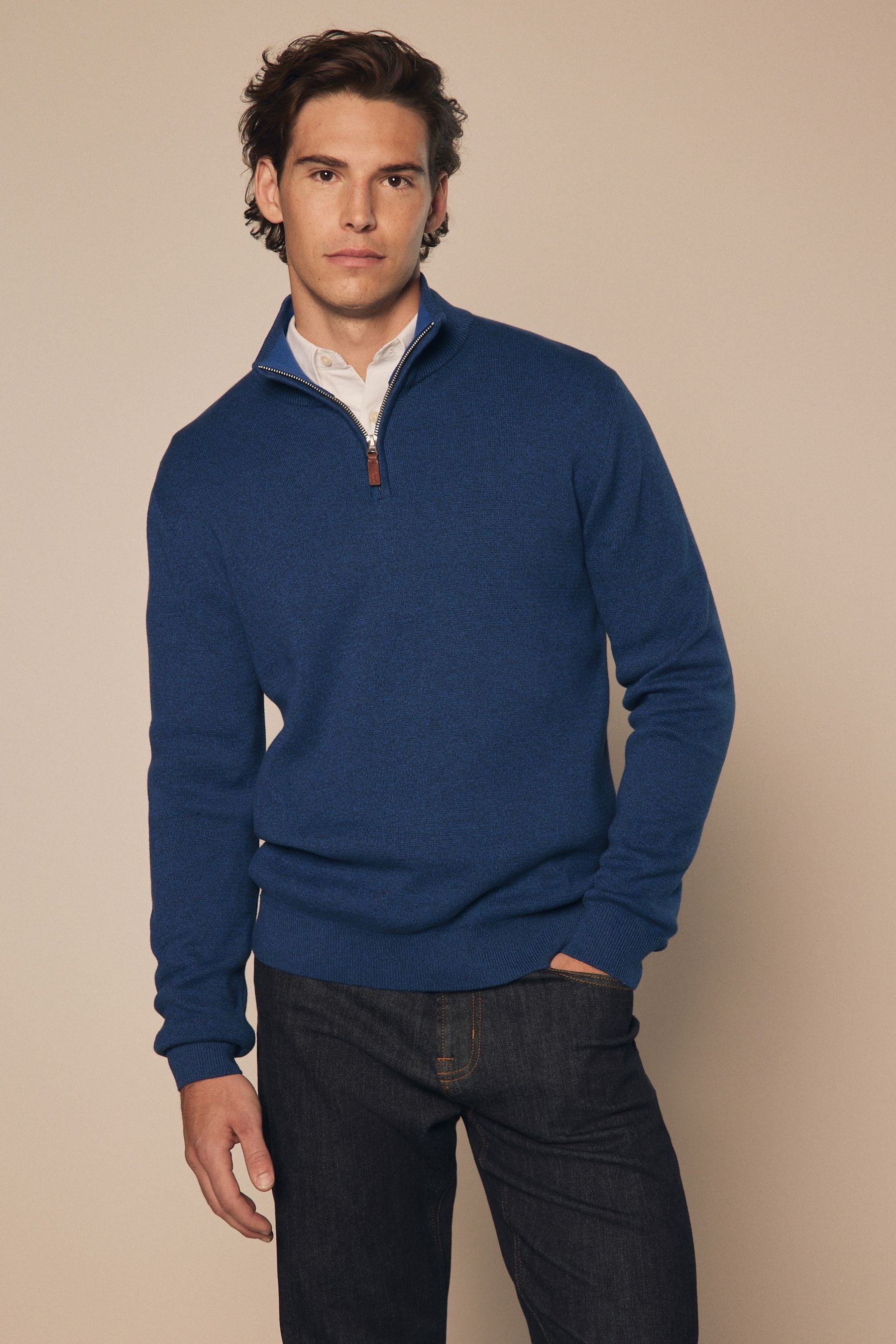 Cobalt Blue Plain Regular Fit 100 Cotton Premium Quarter Zip Jumper