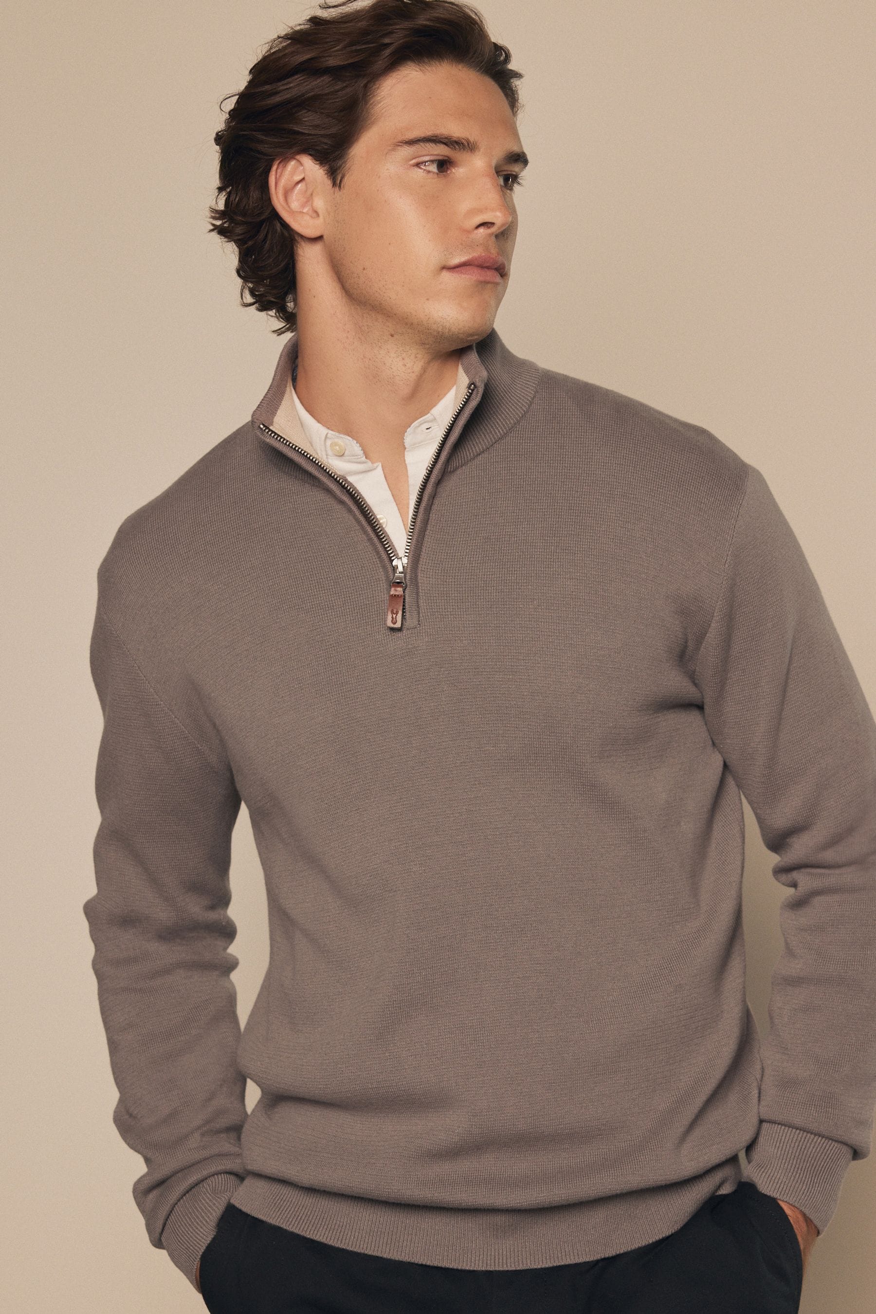 Buy Mushroom Plain Regular Fit 100 Cotton Premium Quarter Zip Jumper from Next Luxembourg