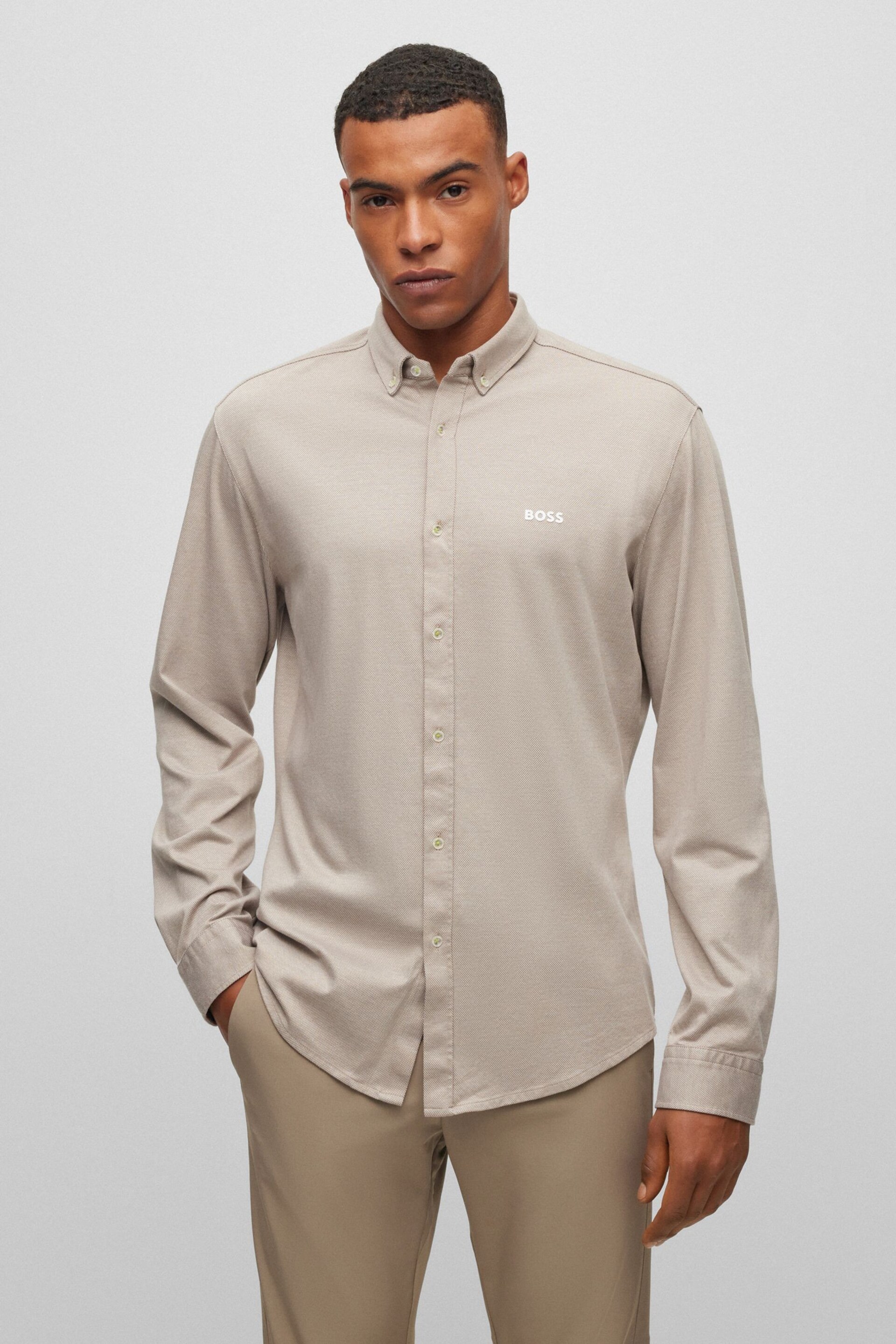 BOSS Beige Biado Long Sleeve Jersey Shirt - Image 1 of 6