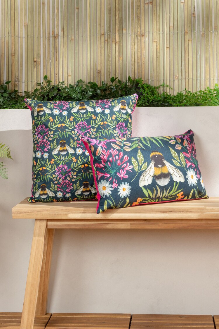 Wylder Nature Blue Zinnia Bee UV  Water Resistant Cushion - Image 1 of 5