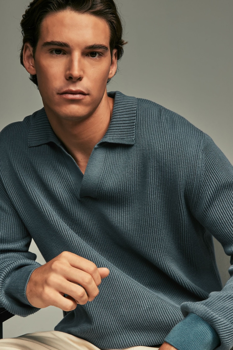 Slate Blue Regular Ribbed Knit Trophy 100% Cotton Polo Shirt - Image 1 of 7