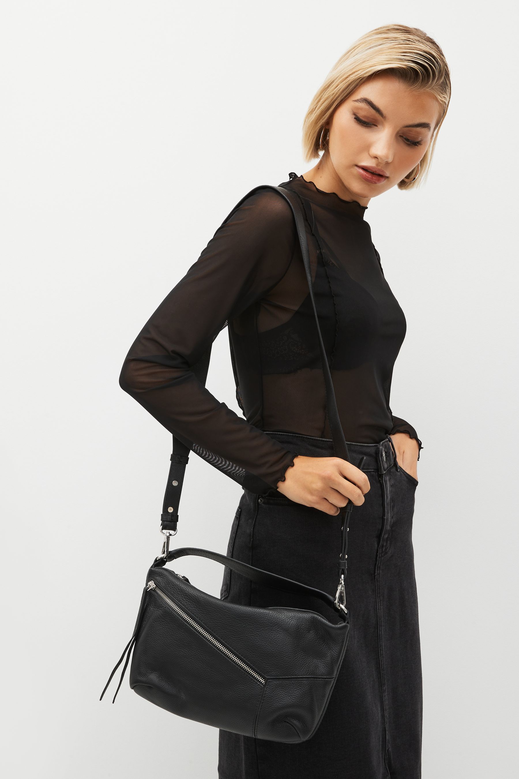 Zip top leather crossbody bag top
