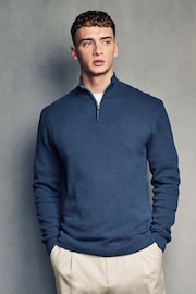 Slate Blue Texture Regular Fit 100% Cotton Premium Zip Neck Jumper - Image 4 of 7