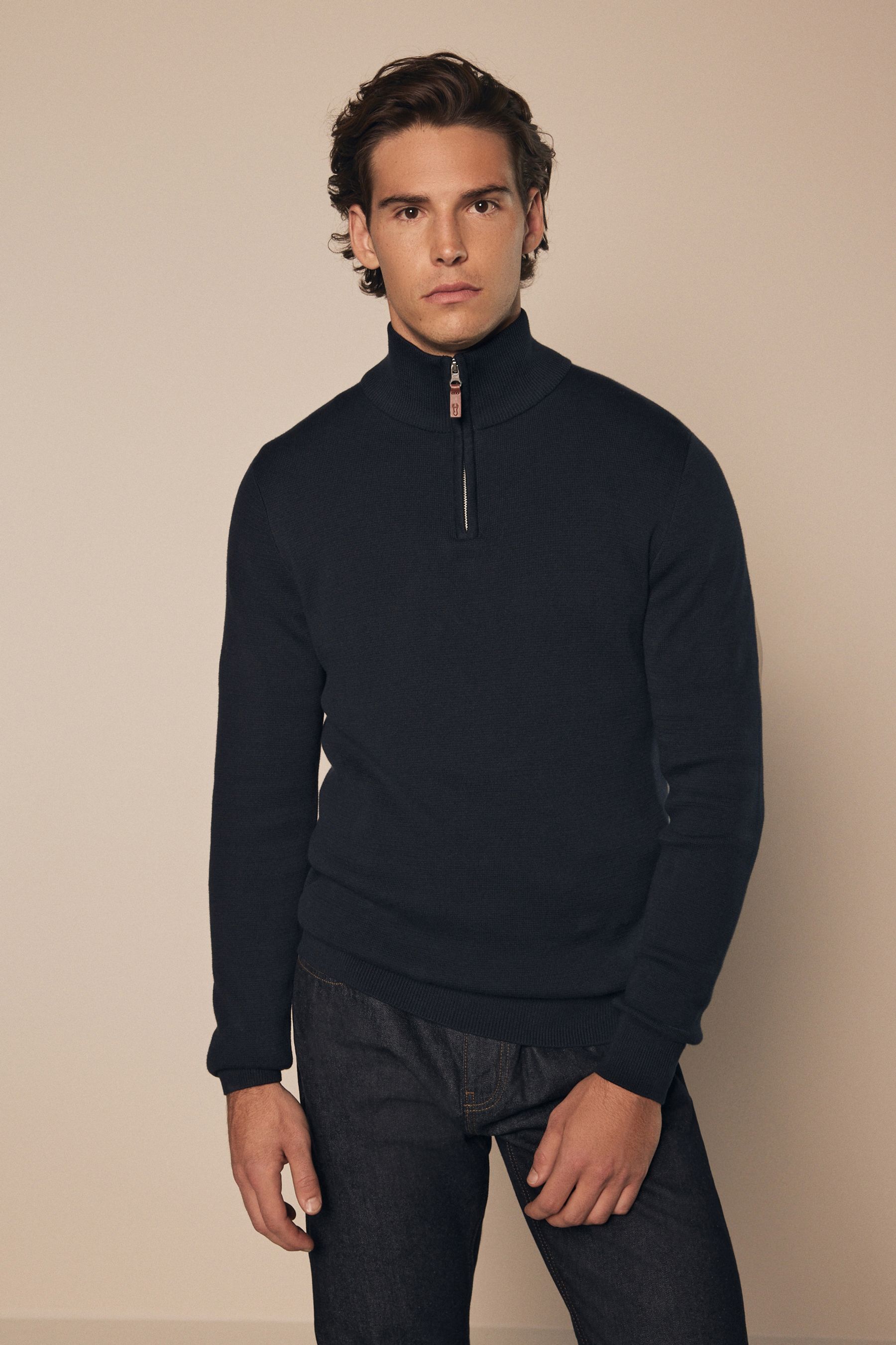 Buy Navy Blue Texture Plain Regular Fit 100 Cotton Premium Zip Neck Jumper from the Next UK online shop