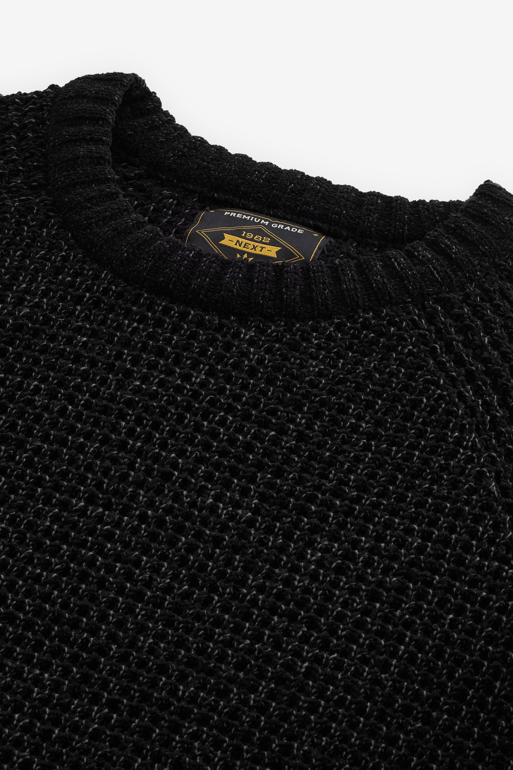 Black Crew Neck Regular Fit Chenille Texture Jumper