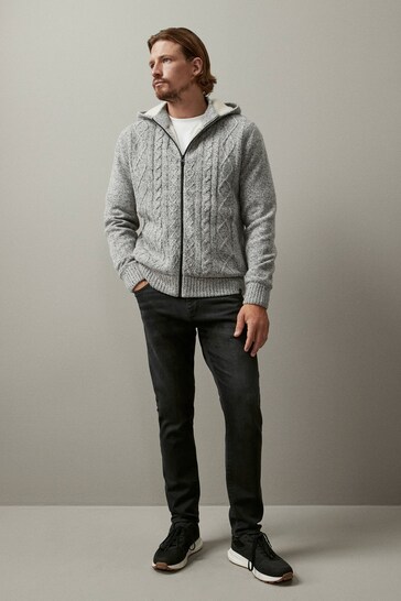 Grey Regular Knitted Cable Zip Through Jacket