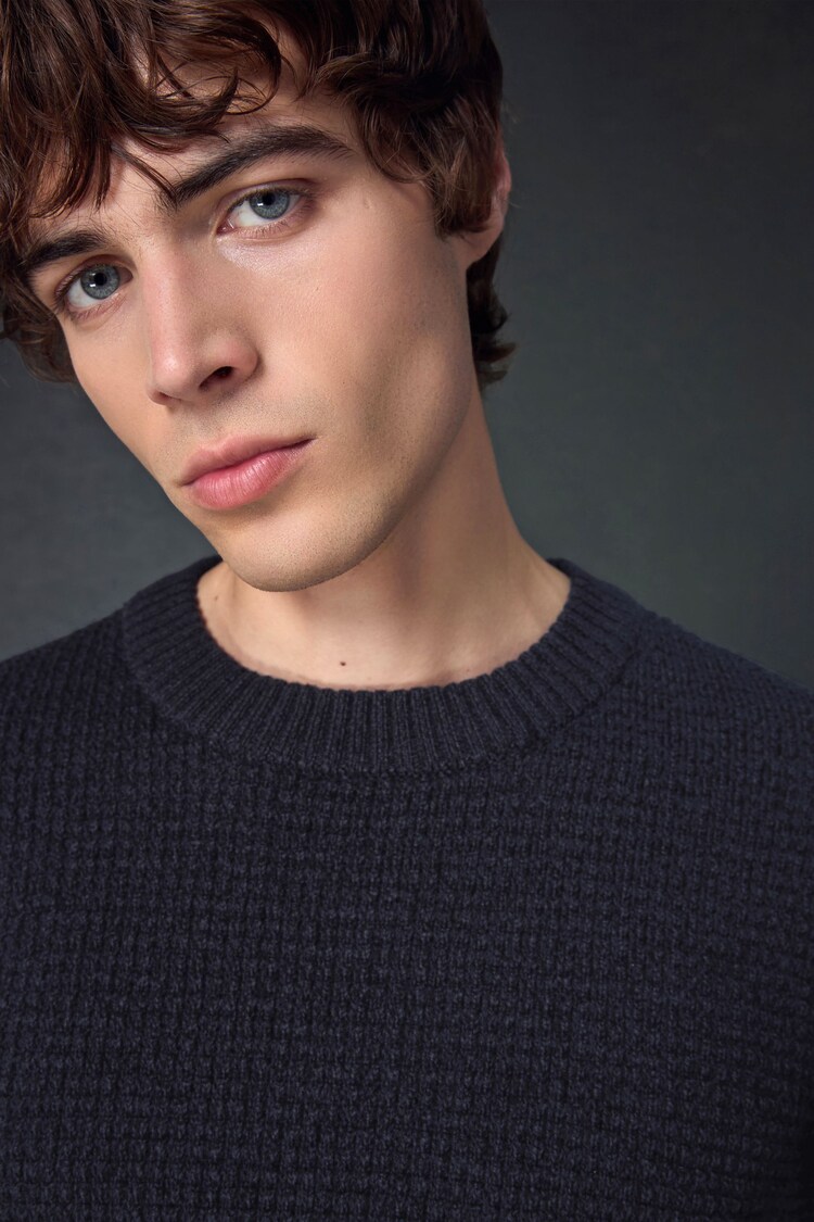 Buy Navy Blue Regular Fit Textured Waffle Crew Neck Jumper from the