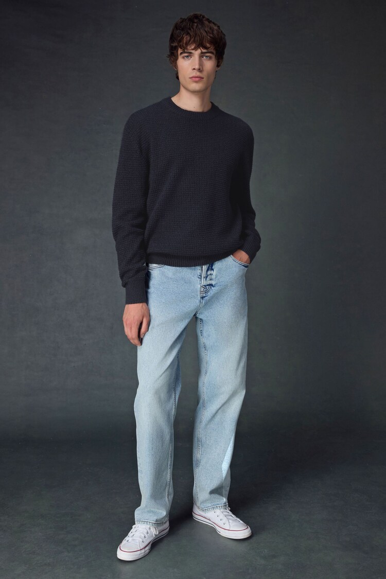 Buy Navy Blue Regular Fit Textured Waffle Crew Neck Jumper from the