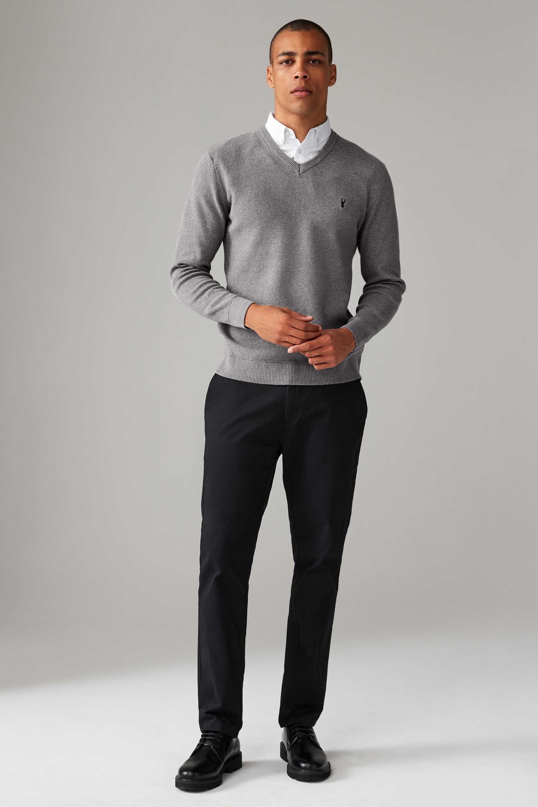 Charcoal Grey Oxford V Neck Regular 100 Cotton Mock Shirt Jumper