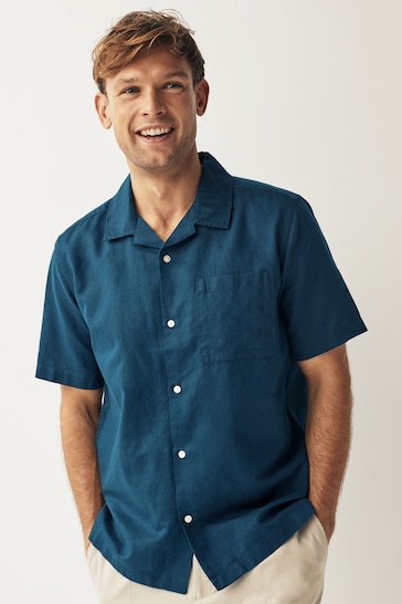 Navy Cuban Collar Linen Blend Short Sleeve Shirt