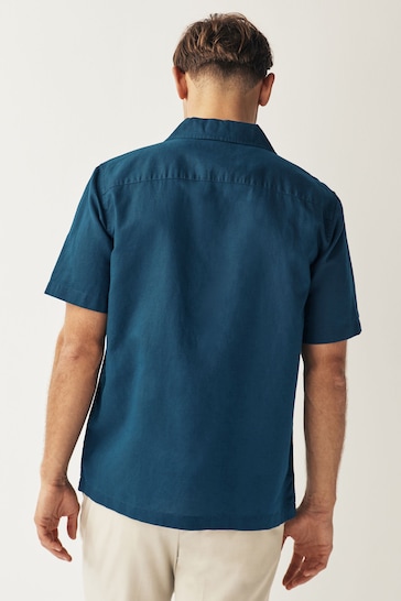 Navy Cuban Collar Linen Blend Short Sleeve Shirt