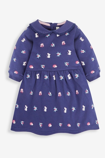 JoJo Maman Bébé Navy Blue Mouse Girls' Embroidered Sweat Dress With Collar