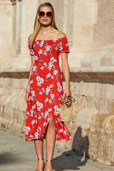 Sosandar Red Floral Print Bardot Midi Dress