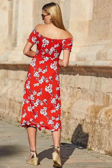 Sosandar Red Floral Print Bardot Midi Dress