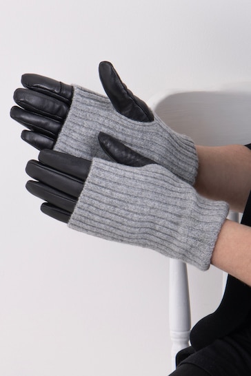 Totes Black Ladies Isotoner Leather Gloves With Overlay Knit Trim