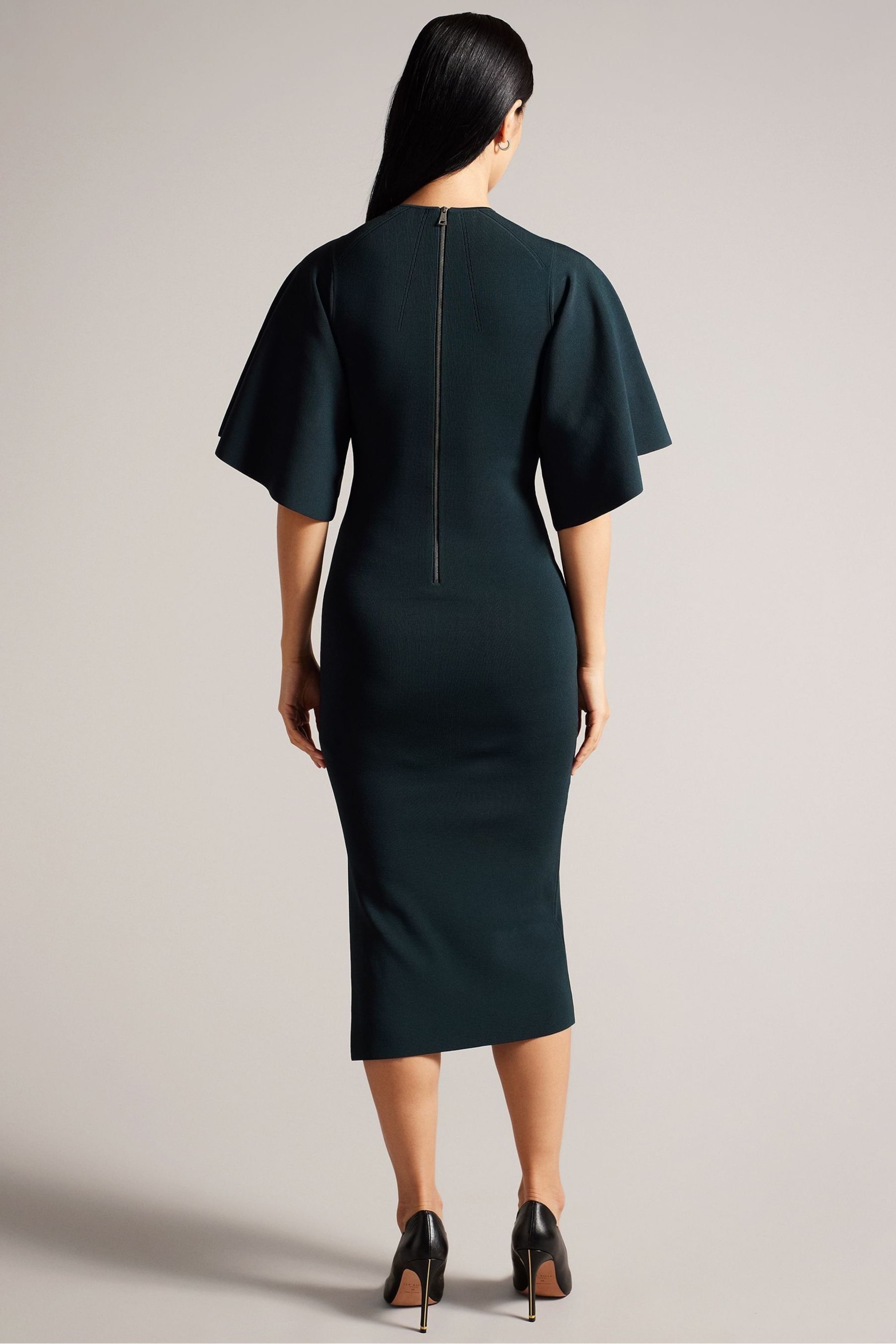 Ted Baker Green Lounia Fluted Sleeve Knitted Bodycon Midi Dress - Image 4 of 5