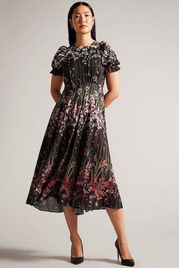 Ted Baker Black Zahrria High Low Hem Dress With Puff Sleeve