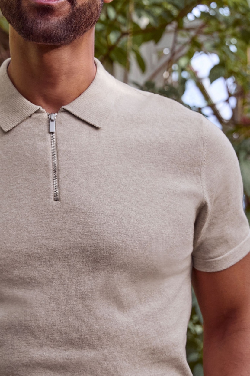 Neutral Knitted Regular Fit Zip Polo Shirt - Image 3 of 6