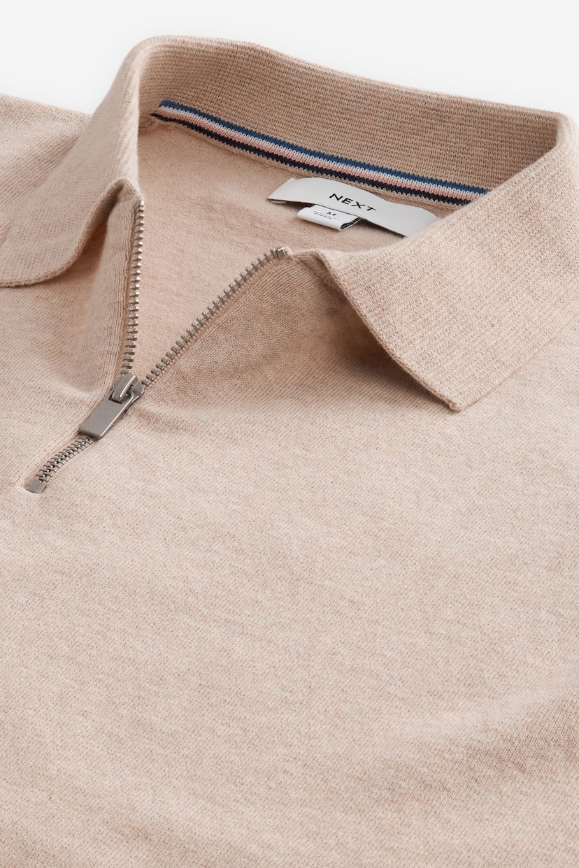 Neutral Knitted Regular Fit Zip Polo Shirt - Image 5 of 6