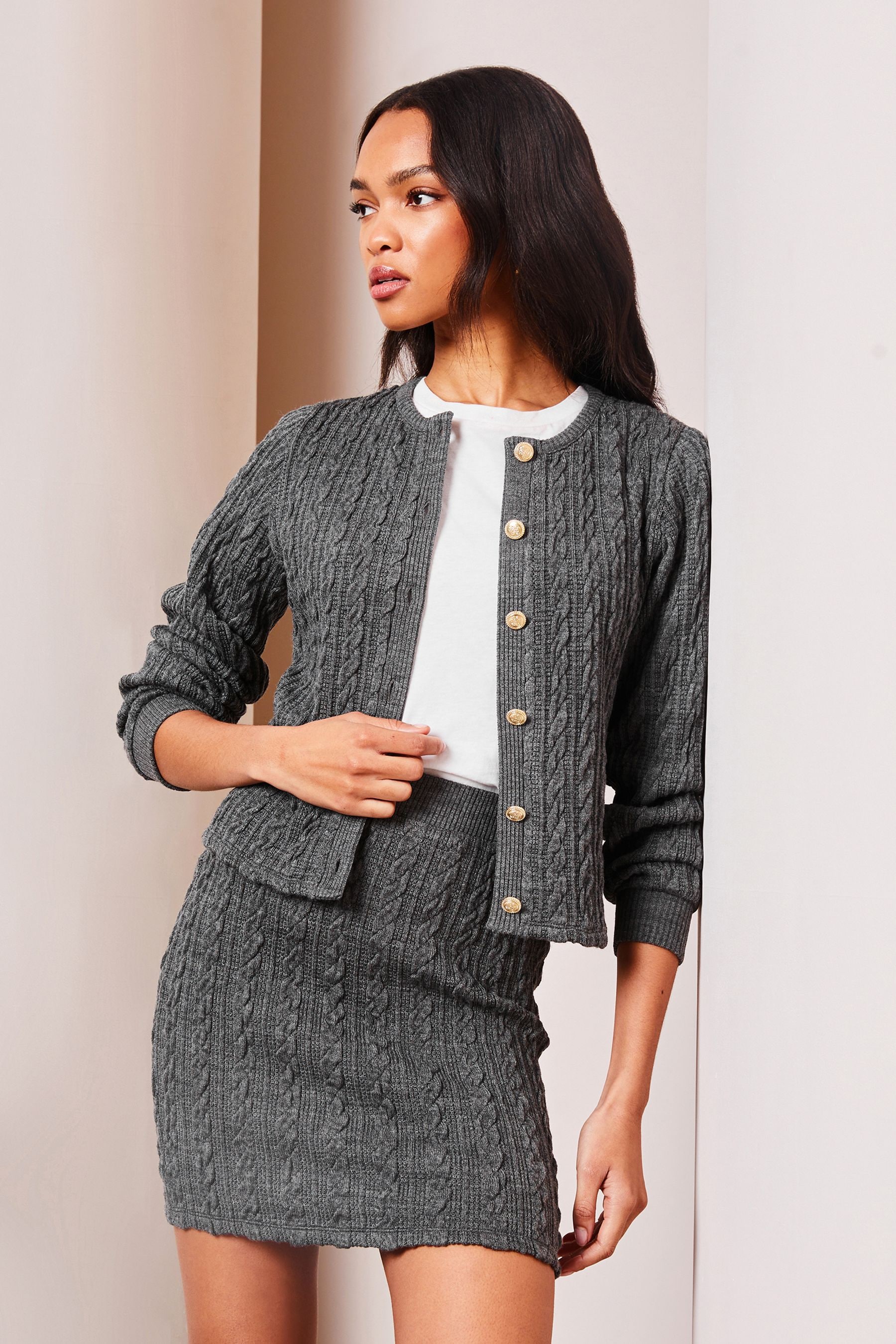 Grey cable knit cardigan womens hot sale