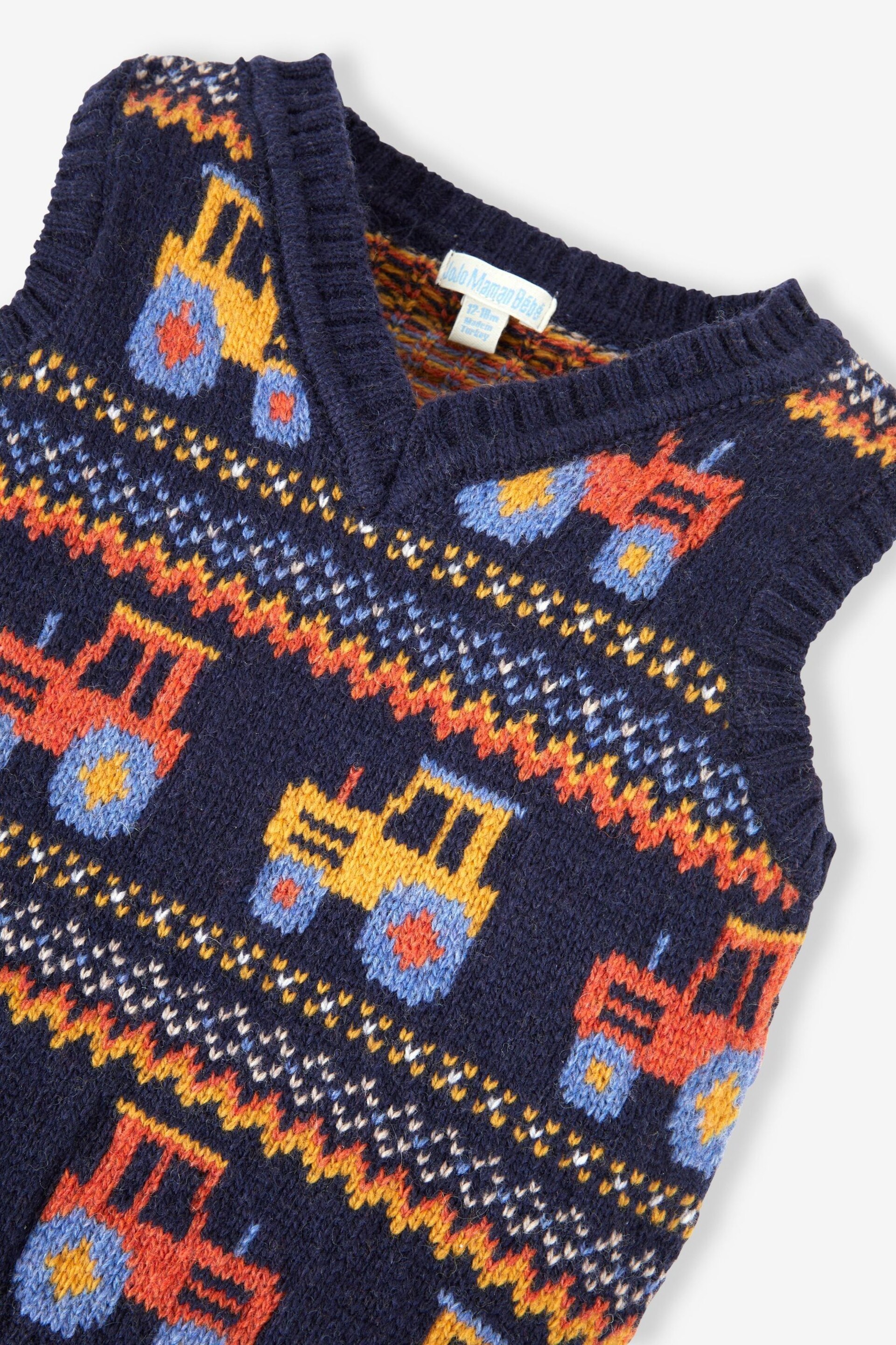 JoJo Maman Bébé Navy Blue Tractor Fair Isle Tank Top - Image 3 of 3