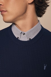 Navy Blue Mini Cable Crew Neck Regular 100% Cotton Mock Shirt Jumper - Image 5 of 8