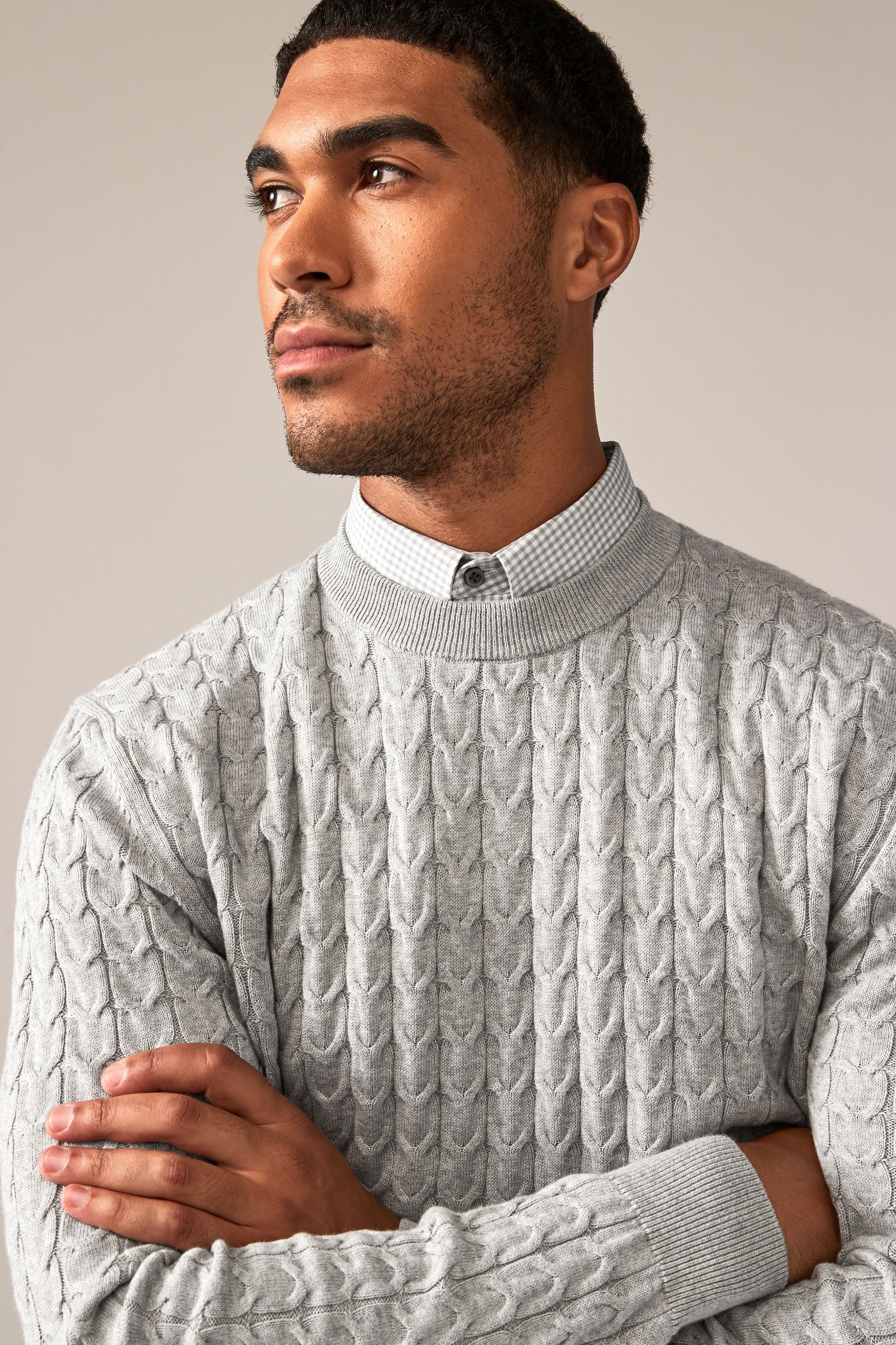 Grey Cable Gingham Crew Neck Regular Mock 100 Cotton Shirt Jumper