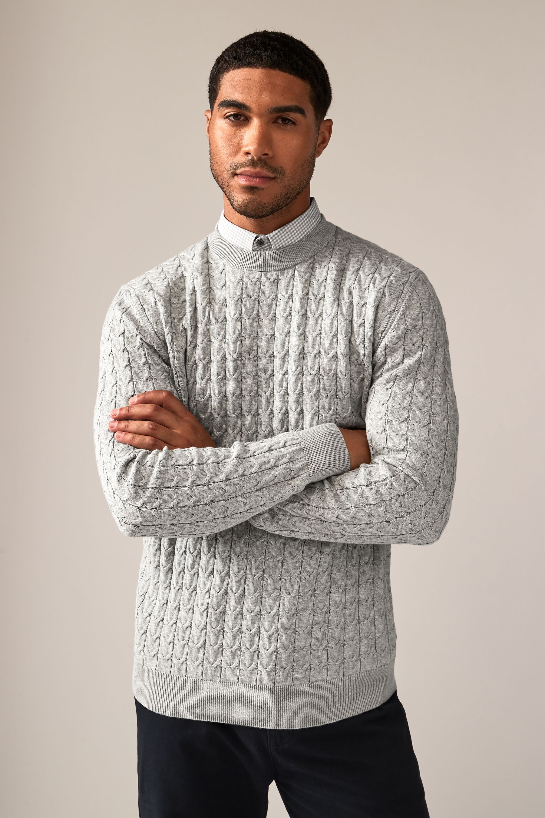 Grey Cable Gingham Crew Neck Regular Mock Shirt Jumper
