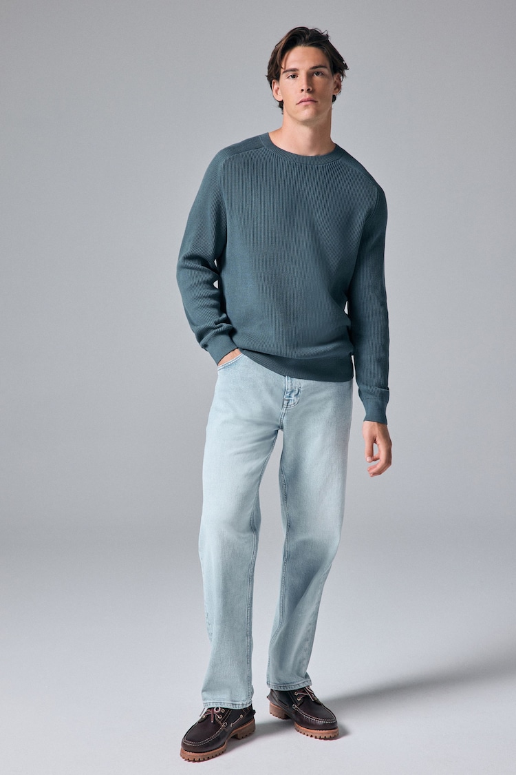 Slate Blue 100% Cotton Rib Texture Crew Jumper - Image 2 of 8