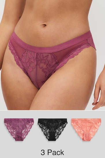 Black/Terracotta/Rose Pink High Leg Lace Knickers 3 Pack