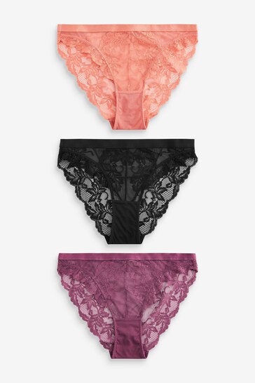 Black/Terracotta/Rose Pink High Leg Lace Knickers 3 Pack