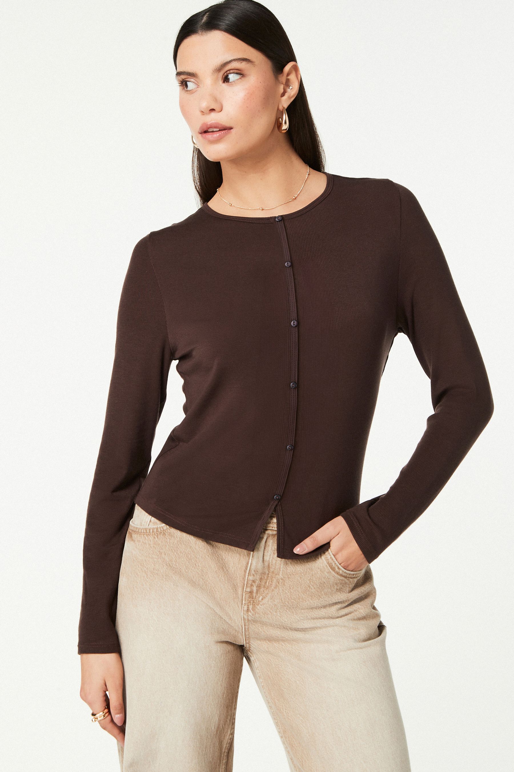 Buy Chocolate Brown Soft Touch Ribbed Cardigan with TENCEL Lyocell from the Next UK online shop