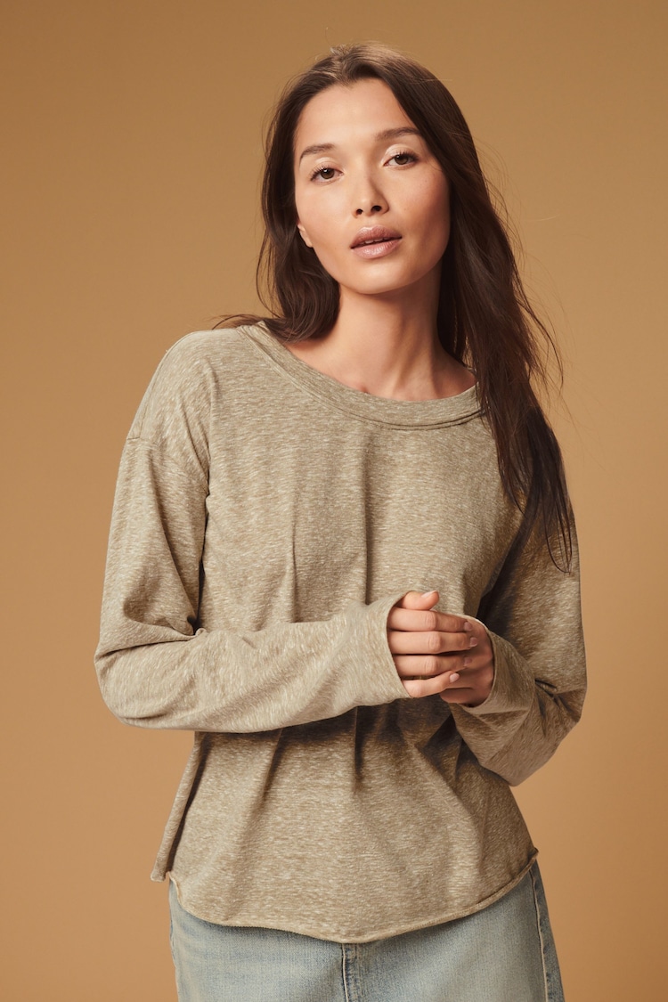 Khaki Green Linen Look Cotton Rich Slub Raw Edge Long Sleeve Top - Image 1 of 7