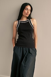 Black Stretch Ribbed Contrast Trim Sleeveless Vest Top - Image 1 of 6