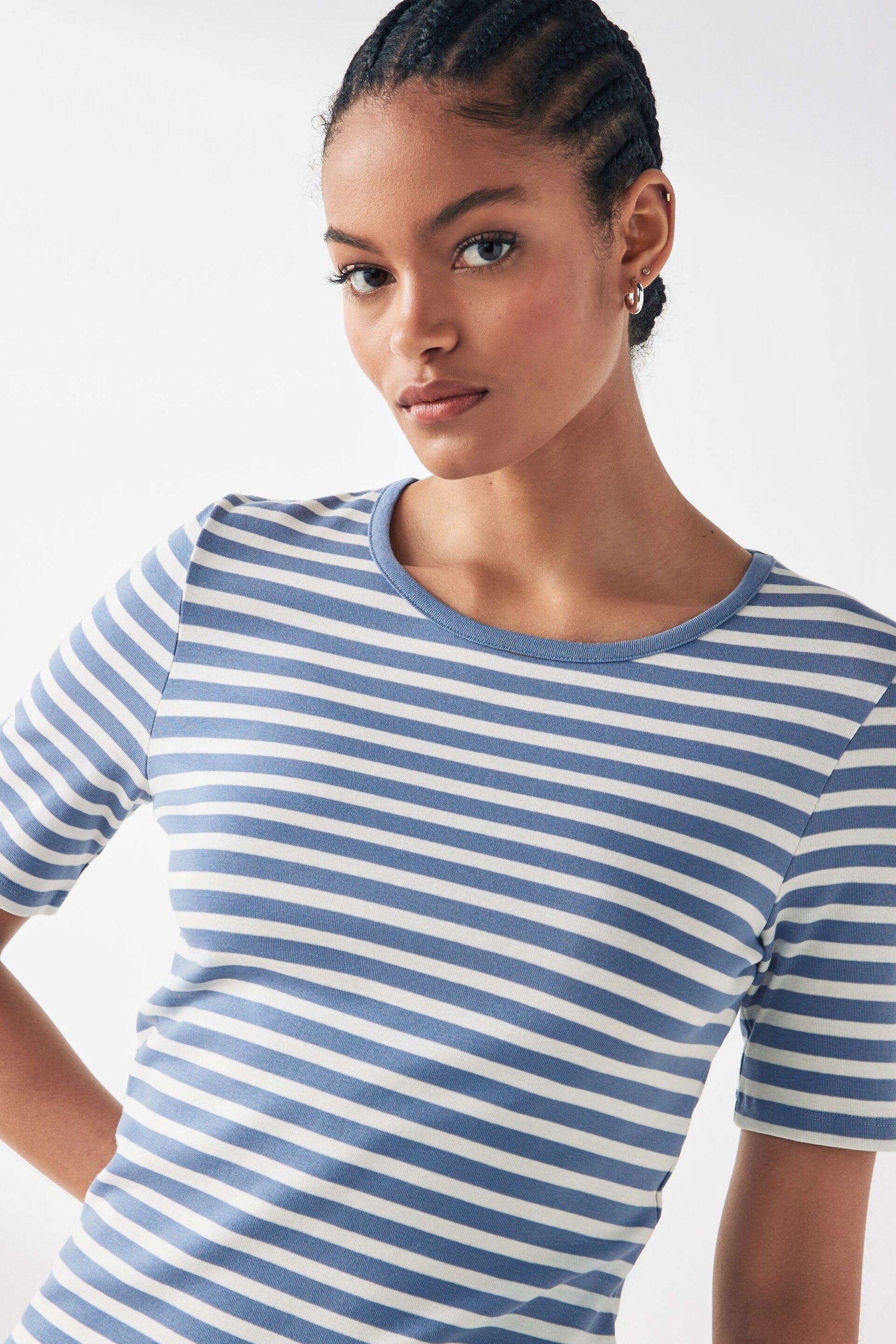 GANT Blue Breton Striped Cotton Stretch Ribbed T-Shirt - Image 4 of 6