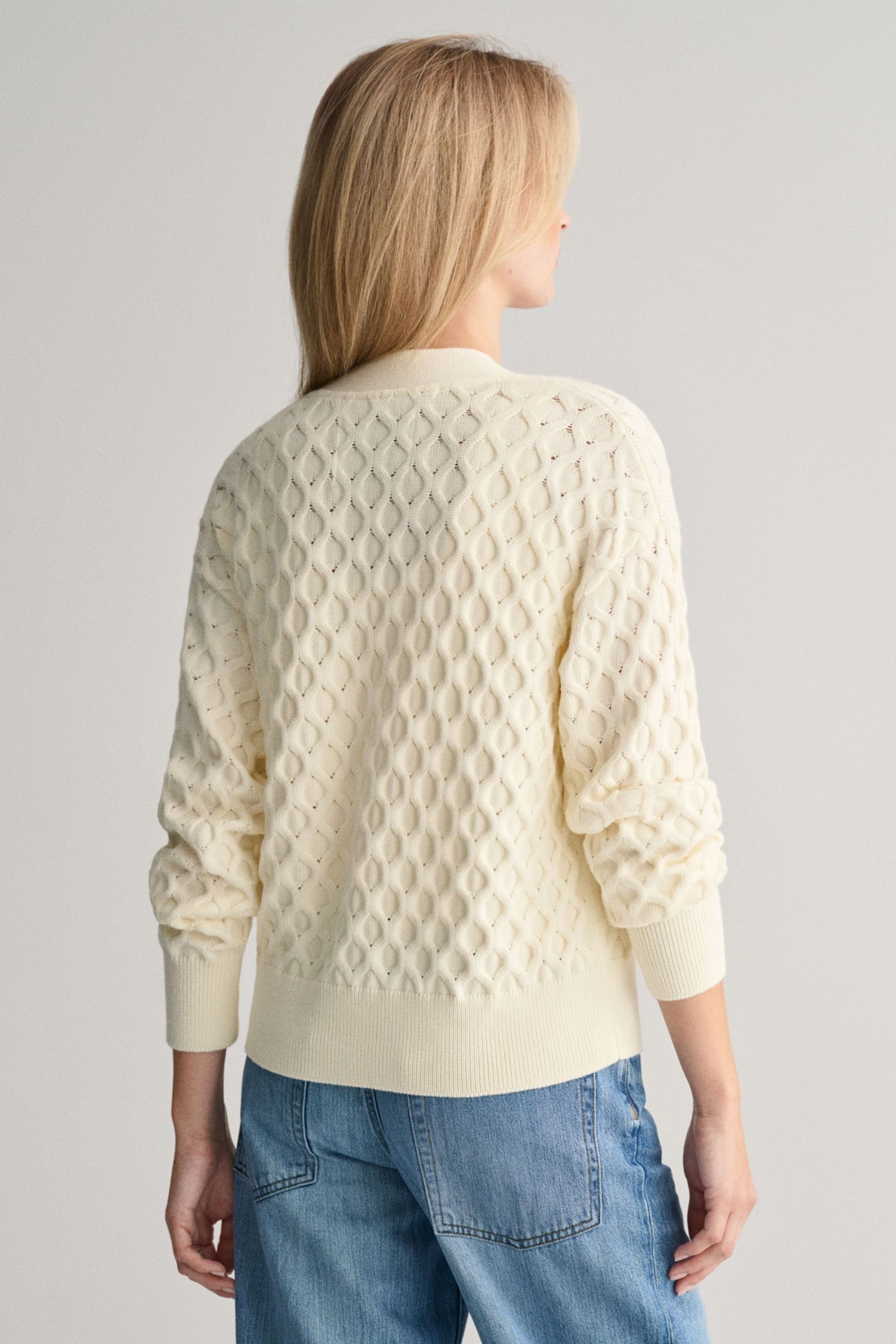GANT Cream Textured Knit Relaxed Cotton Cardigan - Image 2 of 5