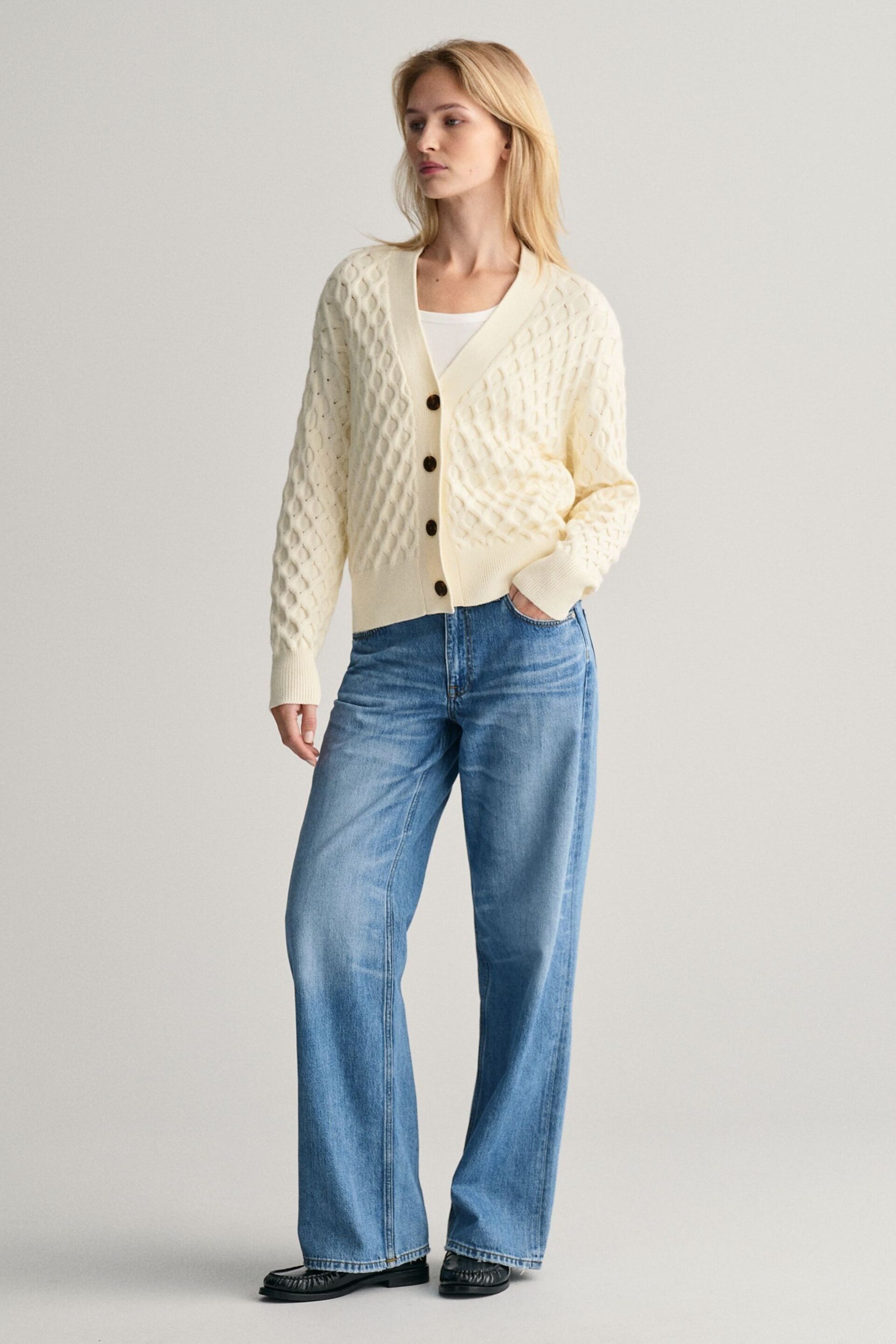 GANT Cream Textured Knit Relaxed Cotton Cardigan - Image 3 of 5