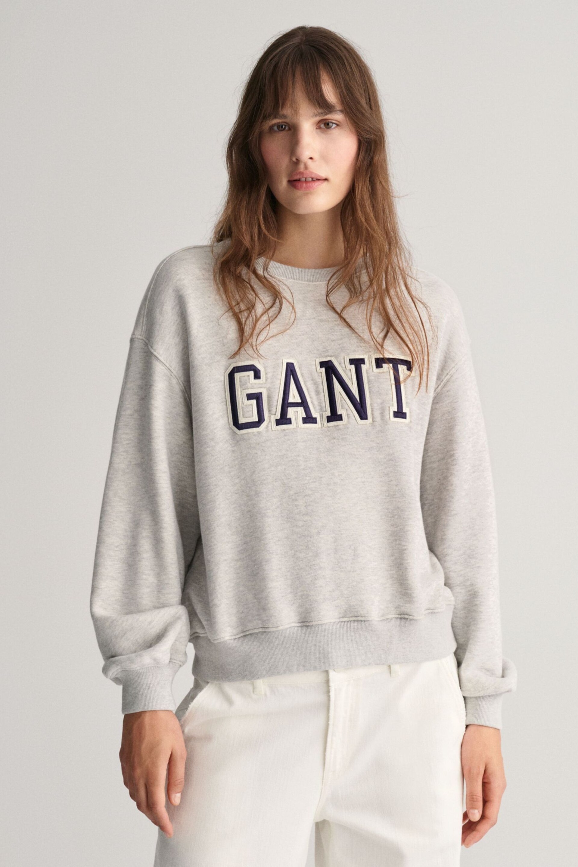 GANT Grey Relaxed Fit Embroidered Logo Sweatshirt - Image 1 of 4
