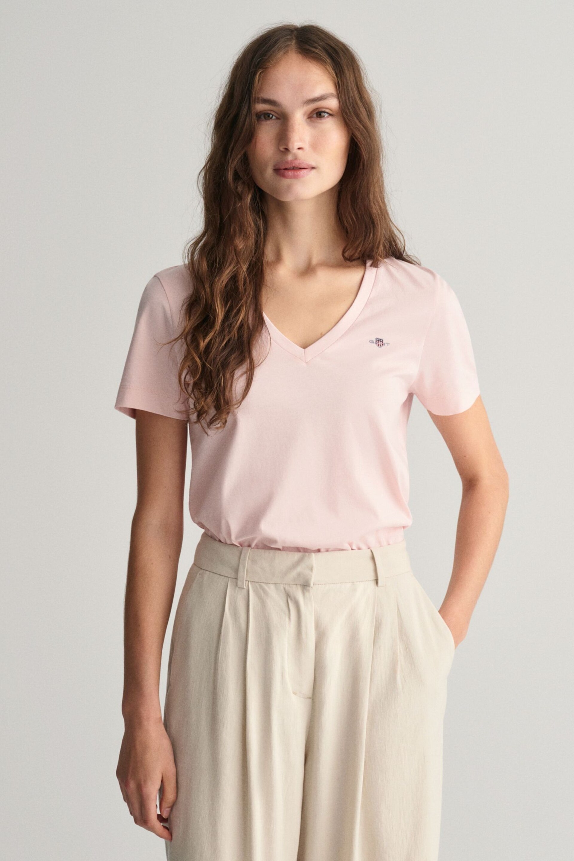 GANT Pink Shield Logo V-Neck T-Shirt - Image 1 of 4