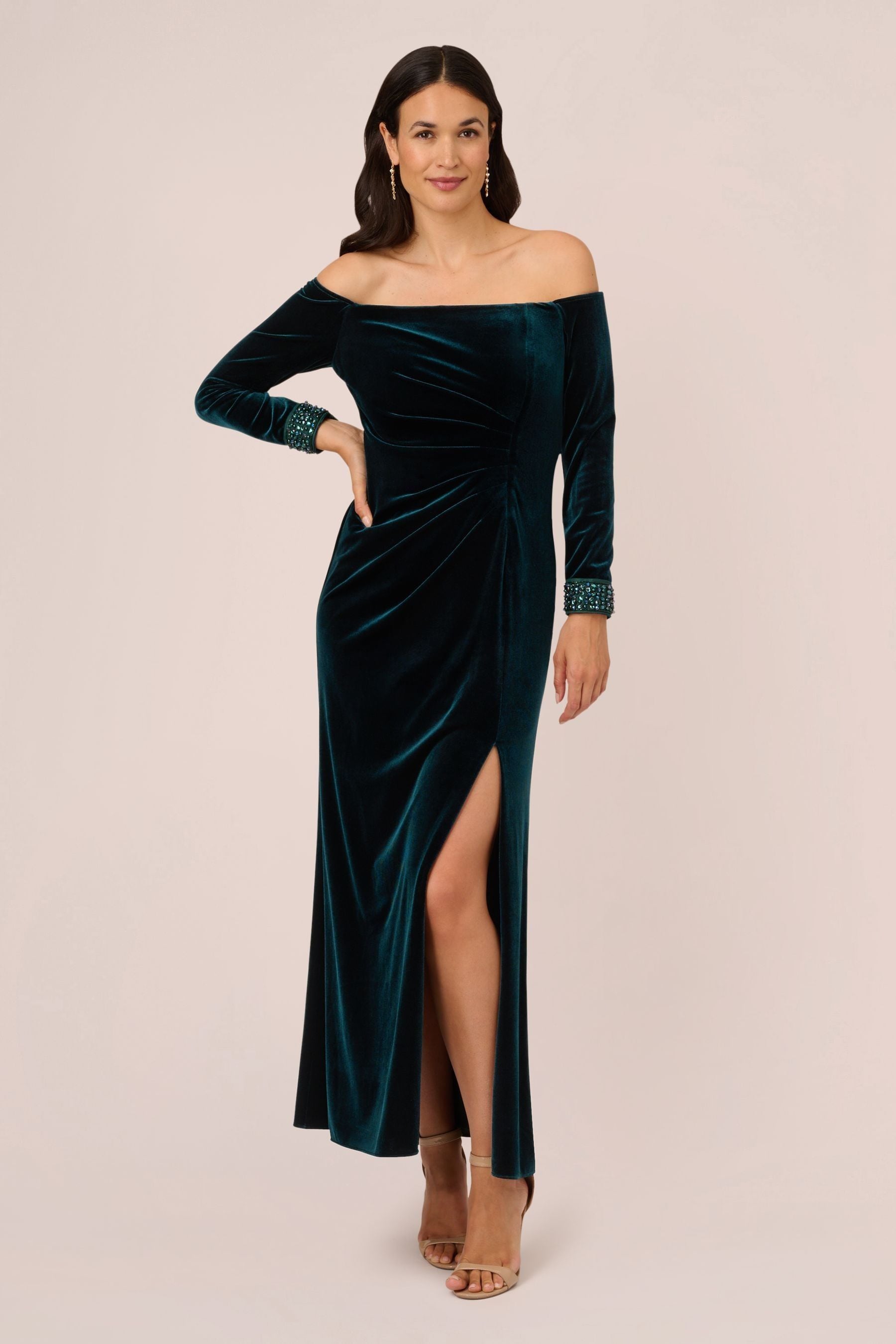 Adrianna Papell Green Velvet Off The Shoulder Gown