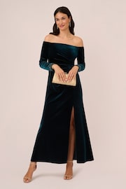 Adrianna Papell Green Velvet Off The Shoulder Gown - Image 3 of 7