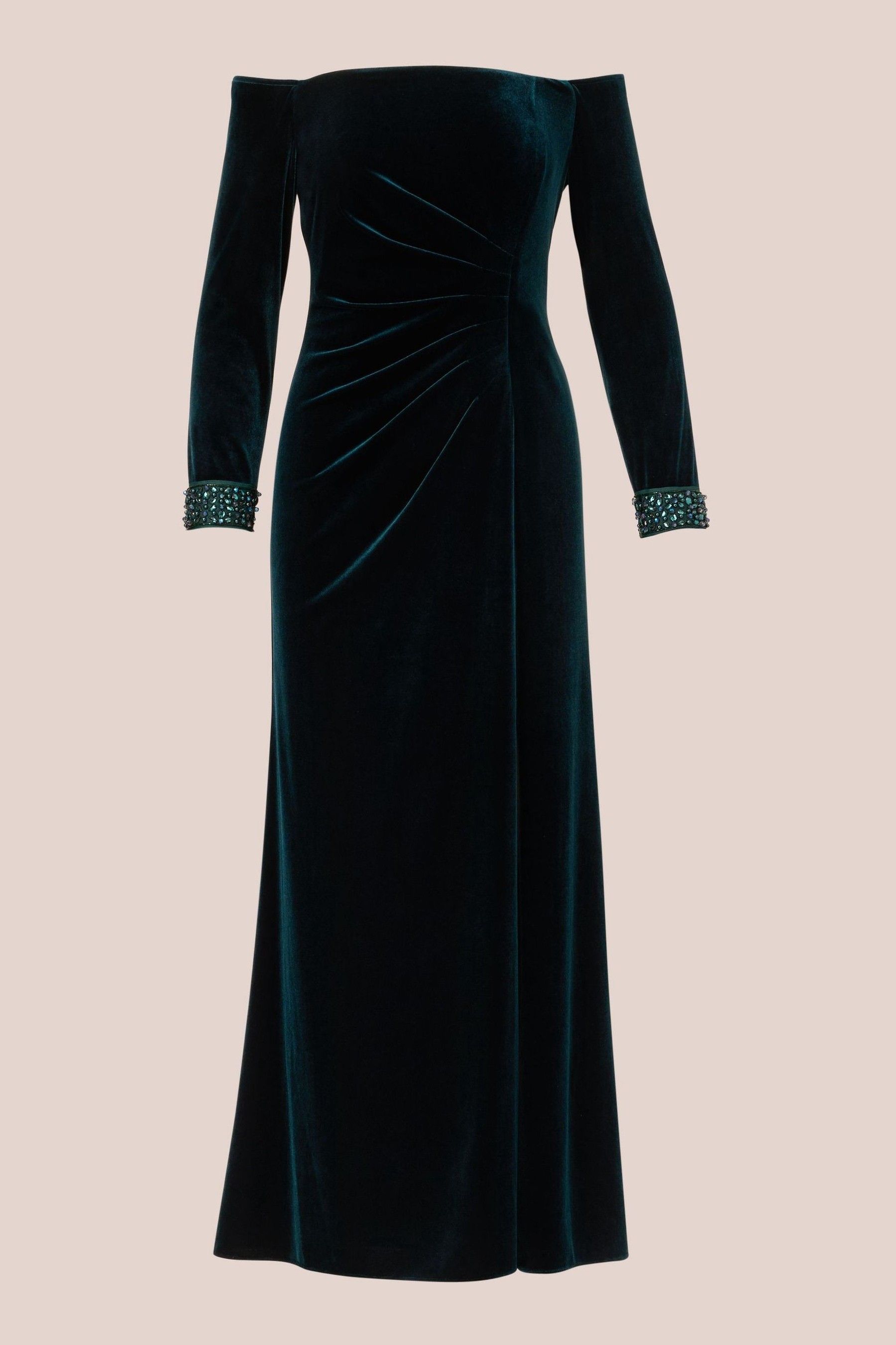 Adrianna Papell Green Velvet Off The Shoulder Gown