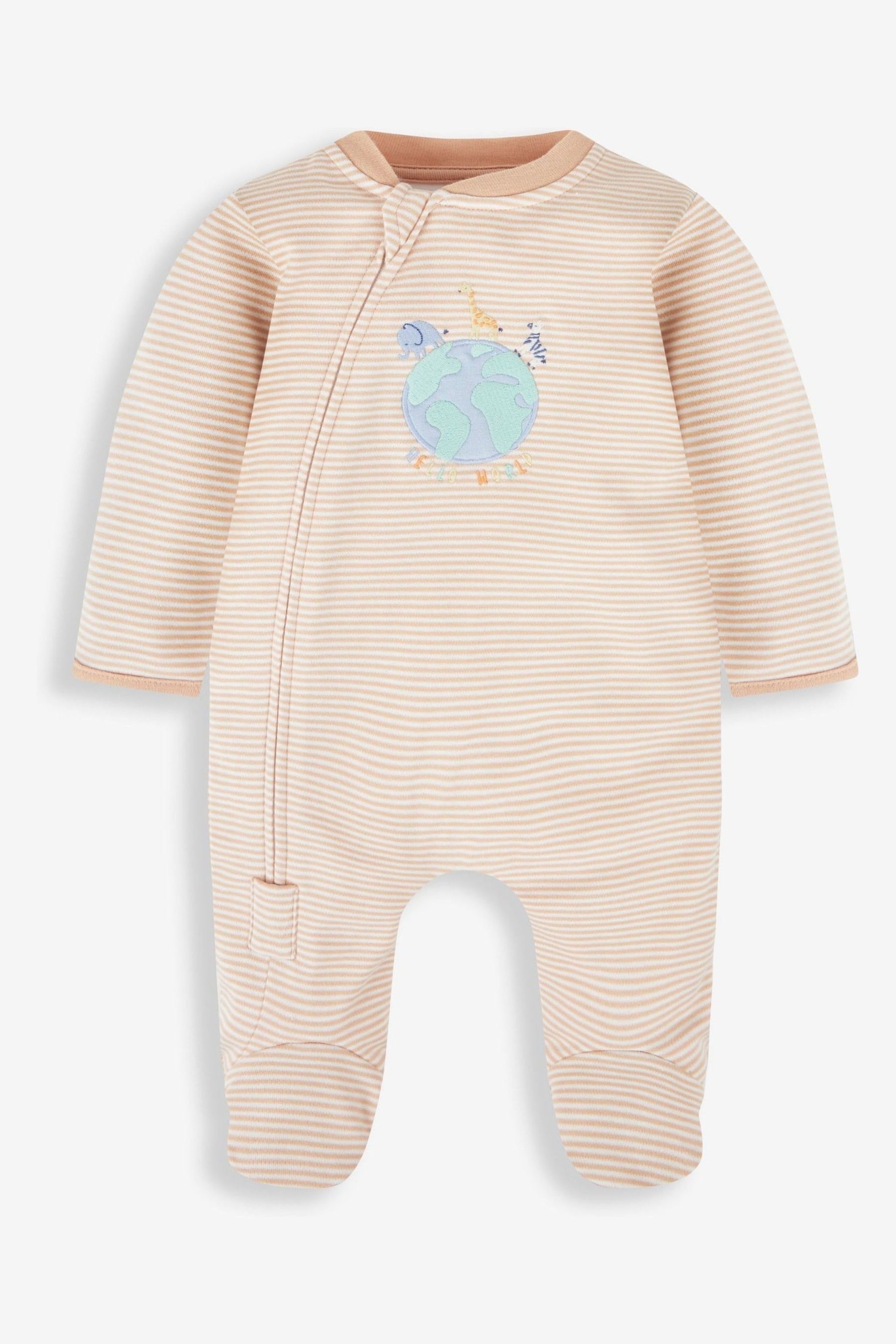 JoJo Maman Bébé Natural Hello World Embroidered Cotton Zip Baby Sleepsuit - Image 1 of 3