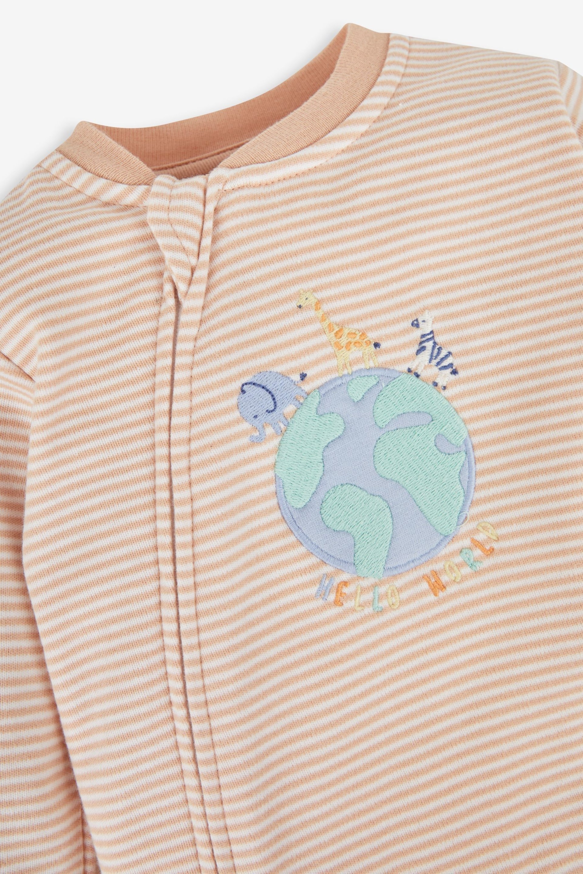 JoJo Maman Bébé Natural Hello World Embroidered Cotton Zip Baby Sleepsuit - Image 2 of 3