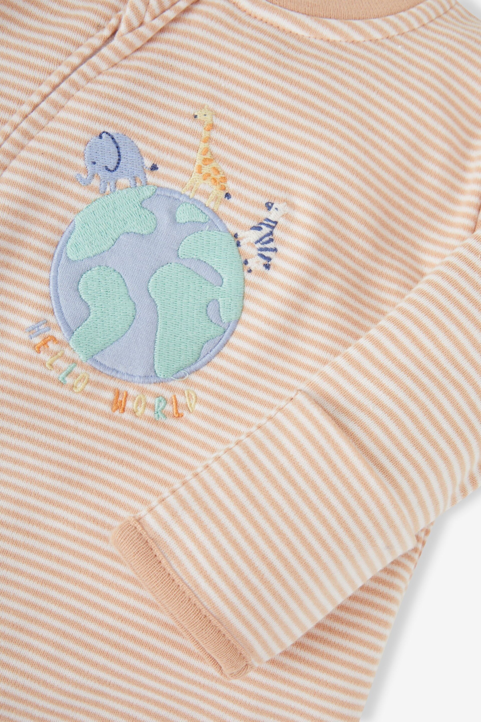 JoJo Maman Bébé Natural Hello World Embroidered Cotton Zip Baby Sleepsuit - Image 3 of 3