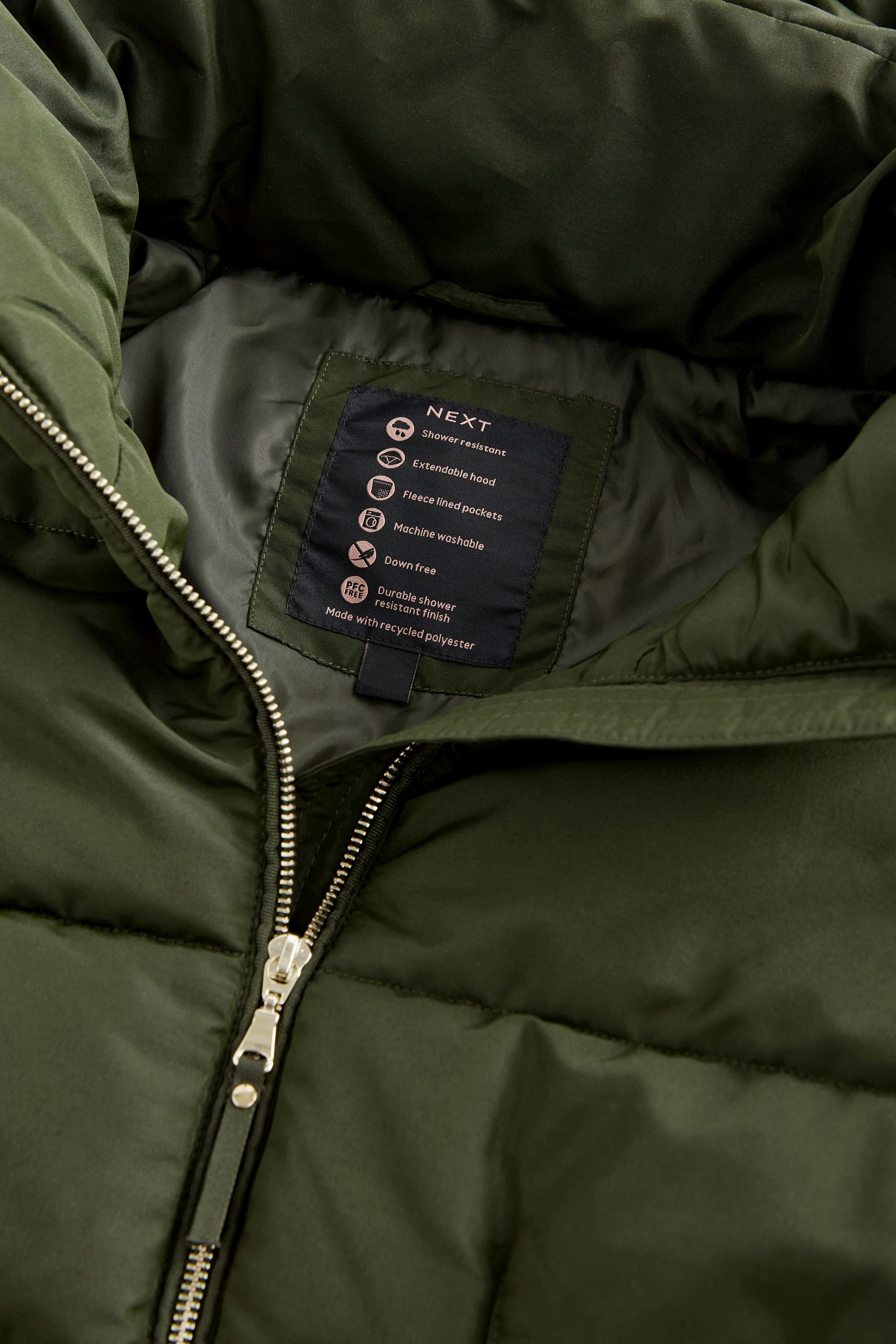 Shower Resistant Padded Puffer Hooded Mid Length Coat