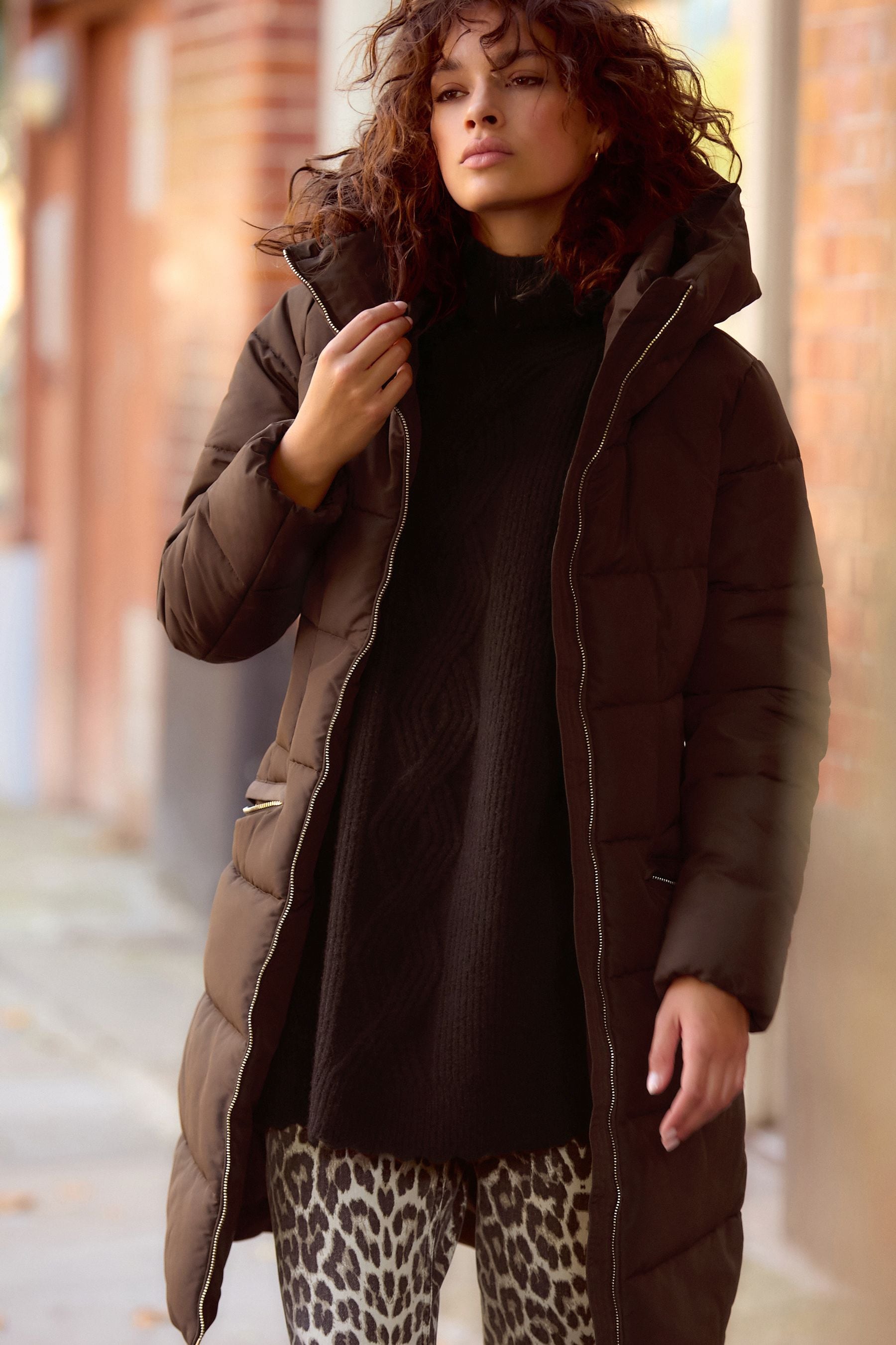 Buy Chocolate Brown Shower Resistant Padded Puffer Hooded Mid Length Coat from the Next UK online shop